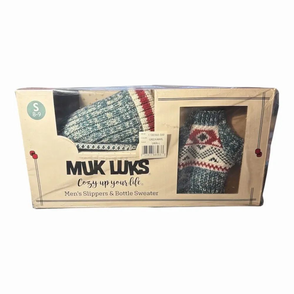 NEW MUK LUKS Men's Rib Knit Scuff Slippers w/Matching Bottle Sweater Small 8-9
